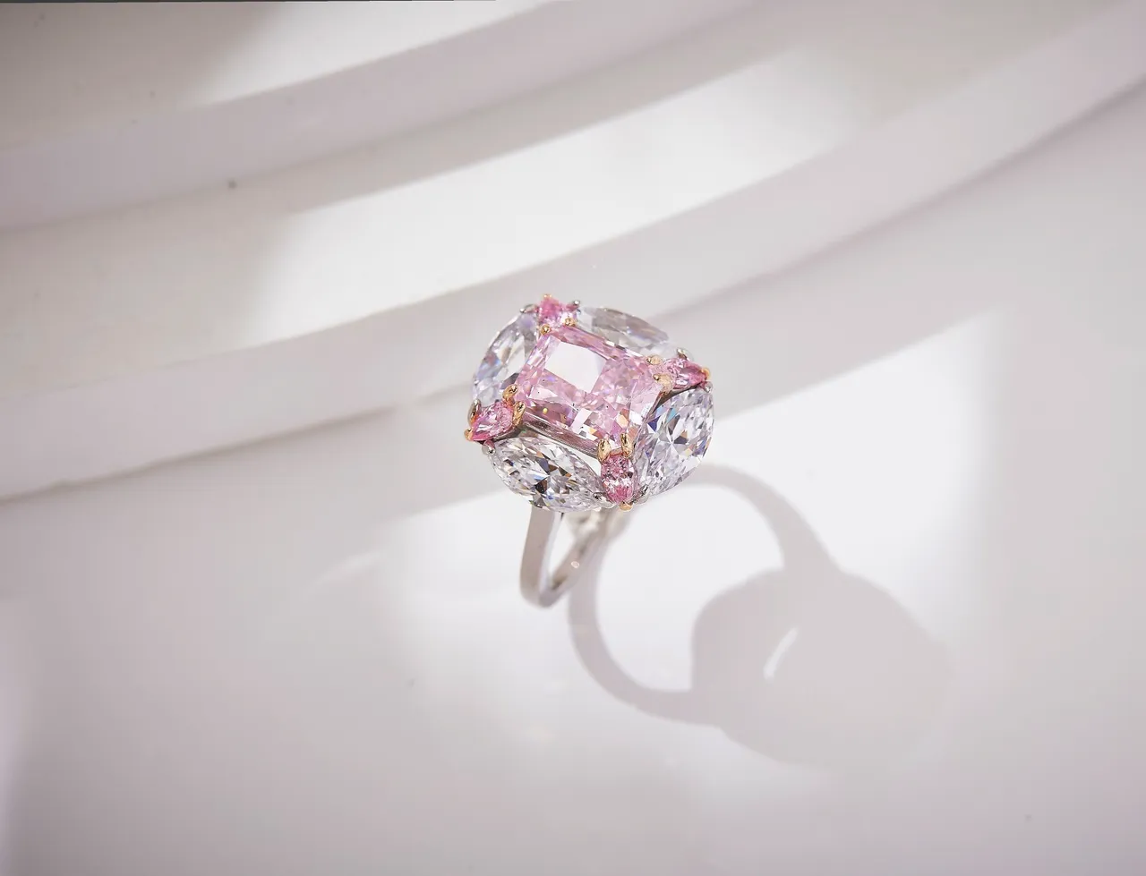 Pink White Cushion-Cut Central Stone Marquise Side Stones Ring 6