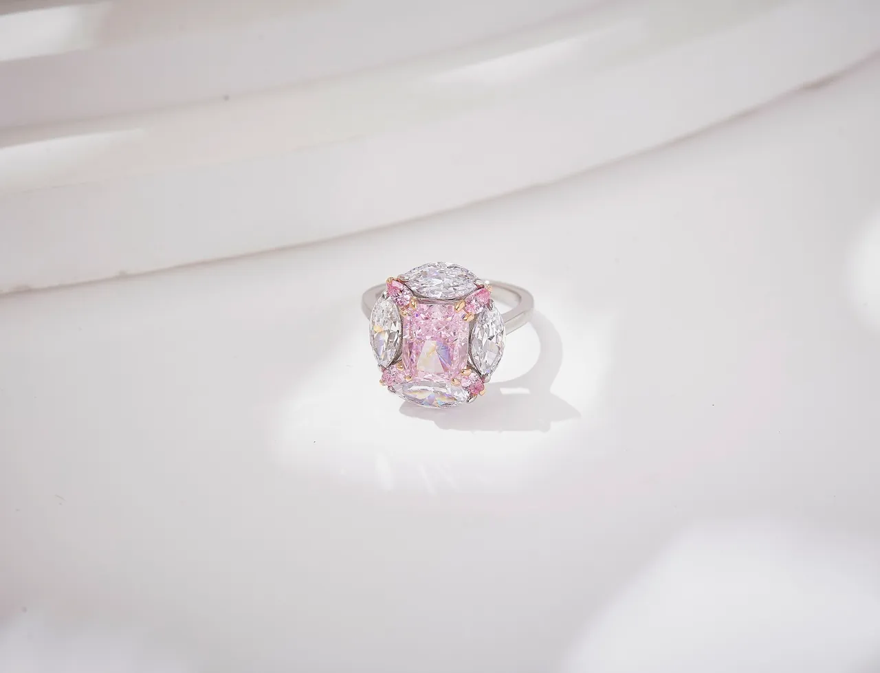 Pink White Cushion-Cut Central Stone Marquise Side Stones Ring 7