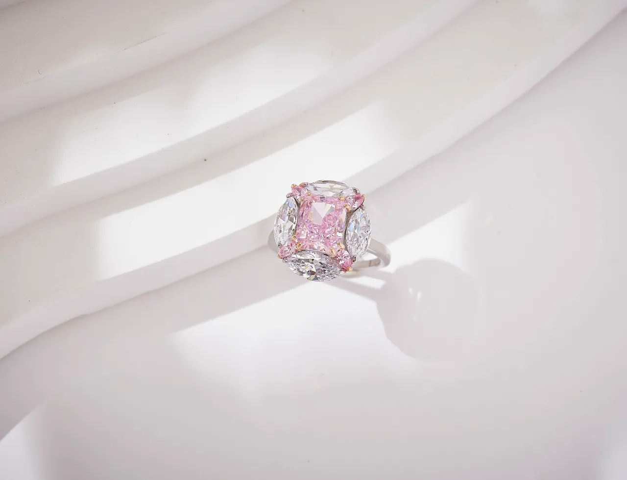 Pink White Cushion-Cut Central Stone Marquise Side Stones Ring 8