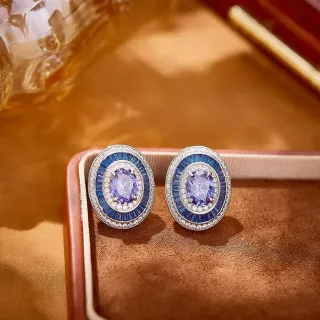 Purple Blue Oval Halo Design Baguette-Cut Border Earrings