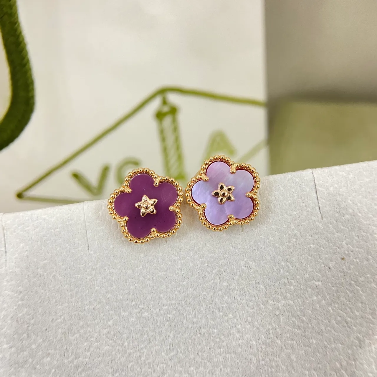 Purple Gold Flower-Shaped Studs Enamel Petals Earrings 7