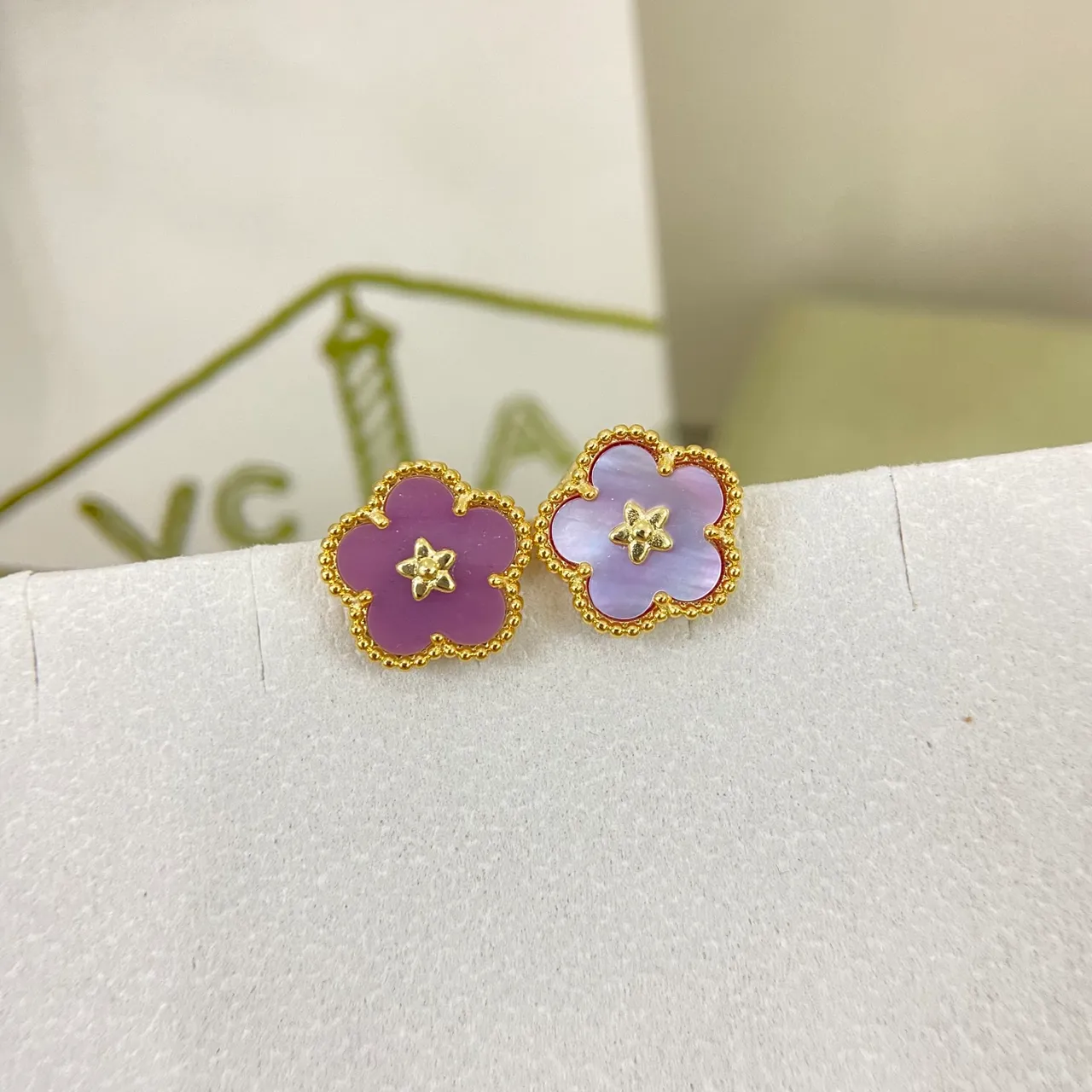 Purple Gold Flower-Shaped Studs Enamel Petals Earrings 9