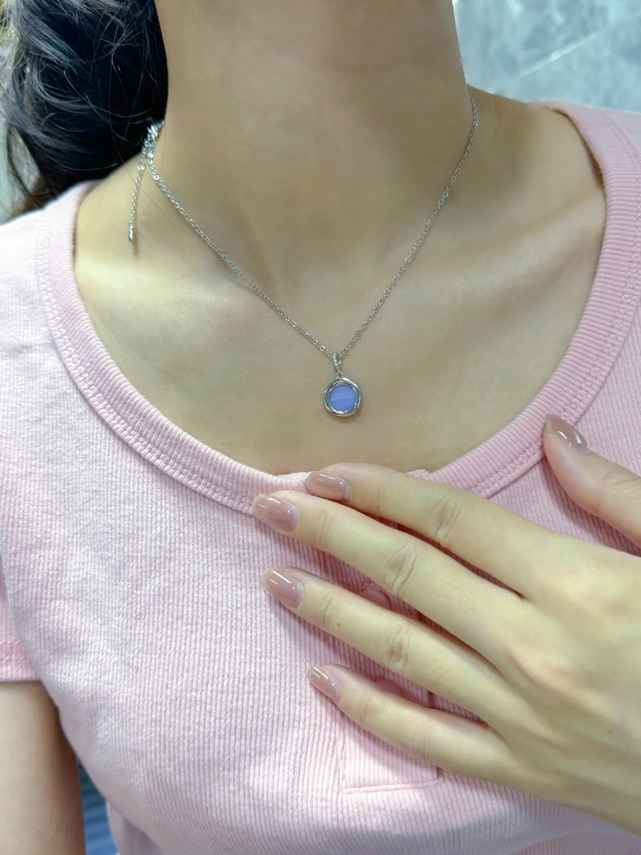Purple Silver Chain Round Bezel-Set Pendant Necklace 2