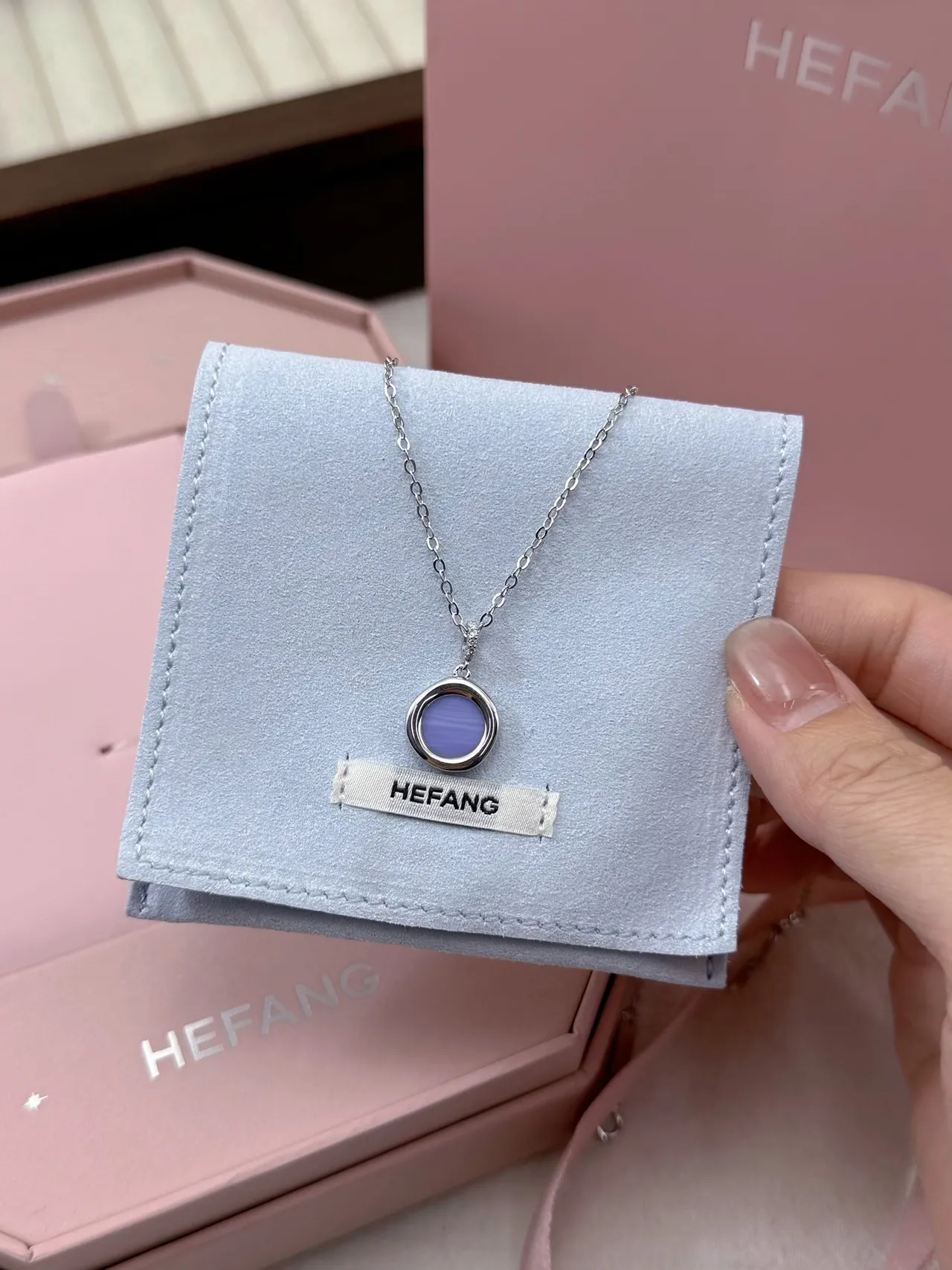 Purple Silver Chain Round Bezel-Set Pendant Necklace 3