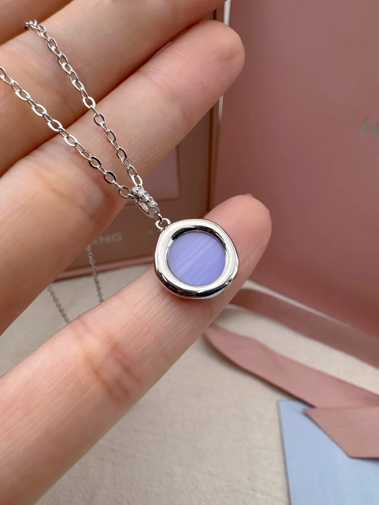 Purple Silver Chain Round Bezel-Set Pendant Necklace 7
