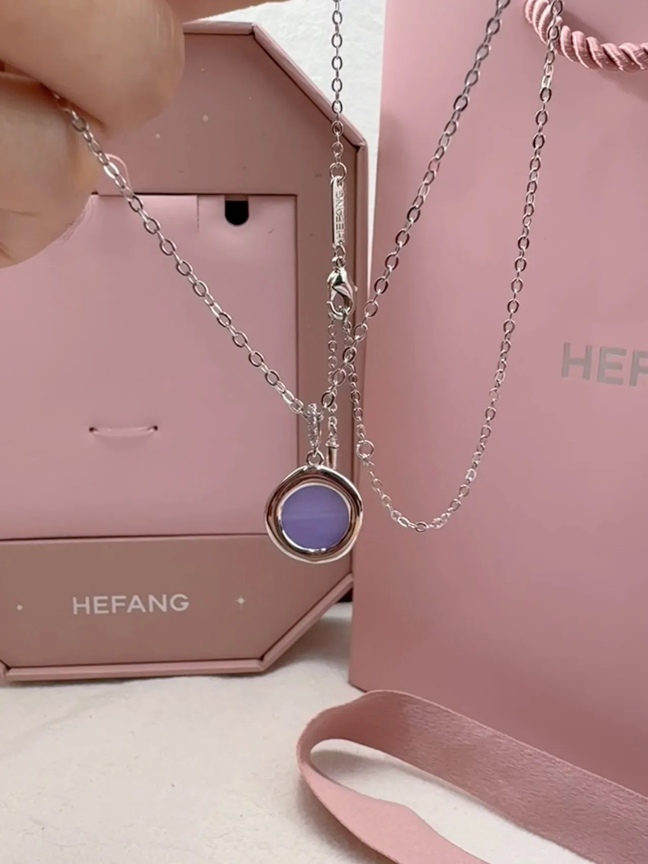 Purple Silver Chain Round Bezel-Set Pendant Necklace 8