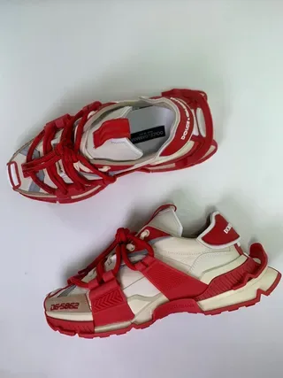 Red and Cream Strap-Laced Avant-Garde Chunky Sneakers 2