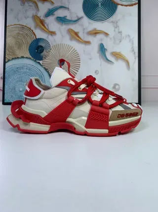 Red and Cream Strap-Laced Avant-Garde Chunky Sneakers 3
