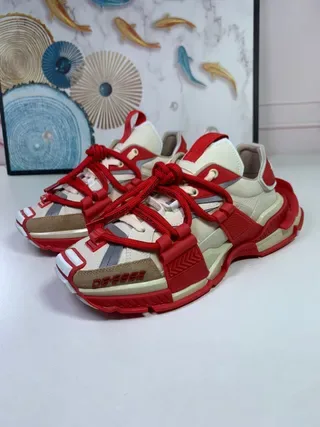 Red and Cream Strap-Laced Avant-Garde Chunky Sneakers 4