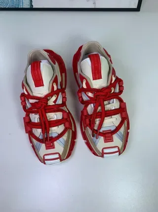 Red and Cream Strap-Laced Avant-Garde Chunky Sneakers 5