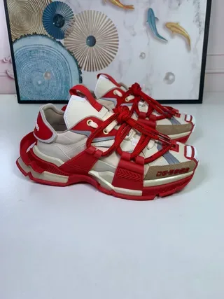 Red and Cream Strap-Laced Avant-Garde Chunky Sneakers 6