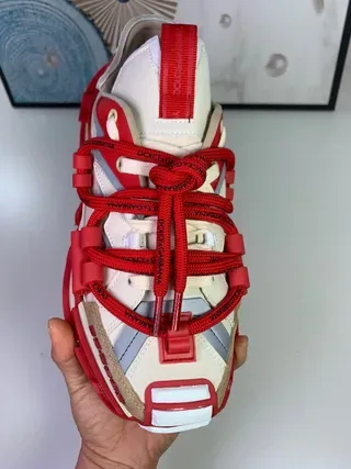 Red and Cream Strap-Laced Avant-Garde Chunky Sneakers 7