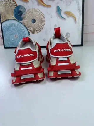 Red and Cream Strap-Laced Avant-Garde Chunky Sneakers 8