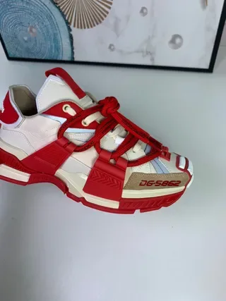 Red and Cream Strap-Laced Avant-Garde Chunky Sneakers 9