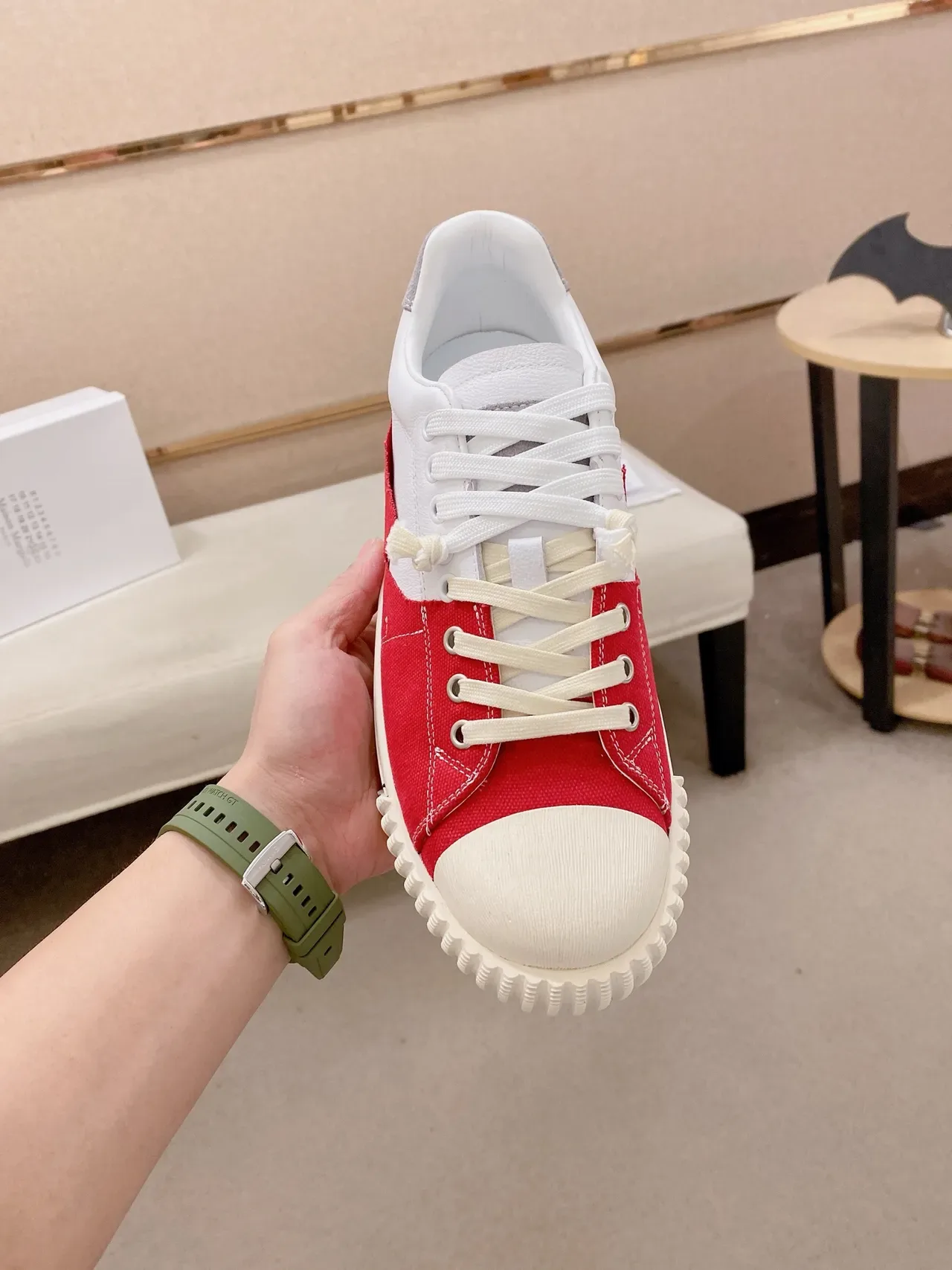 Red and White Asymmetrical Paint-Splatter Canvas Platform Sneaker 5