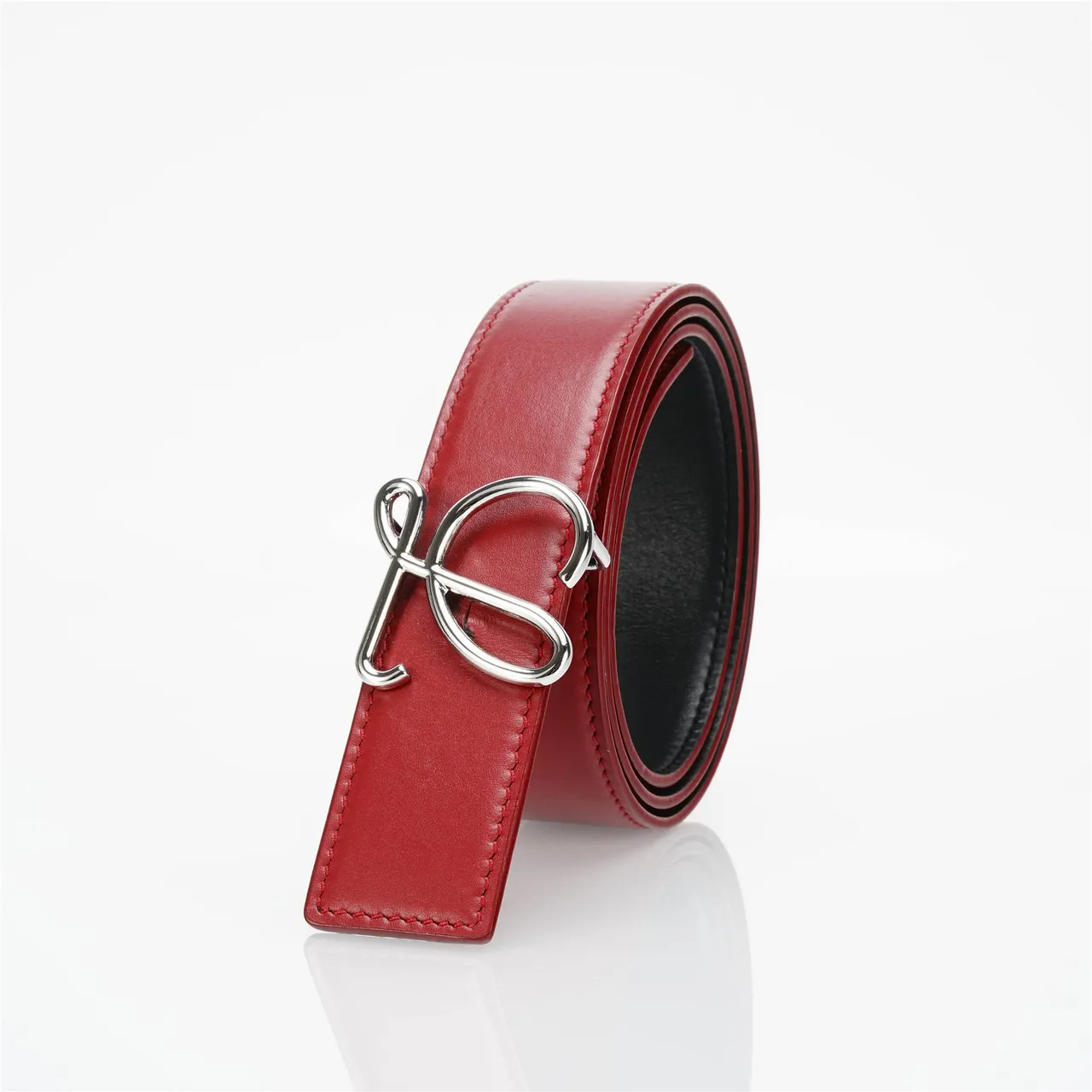 Red Black Smooth Stitching Leather Belt 7