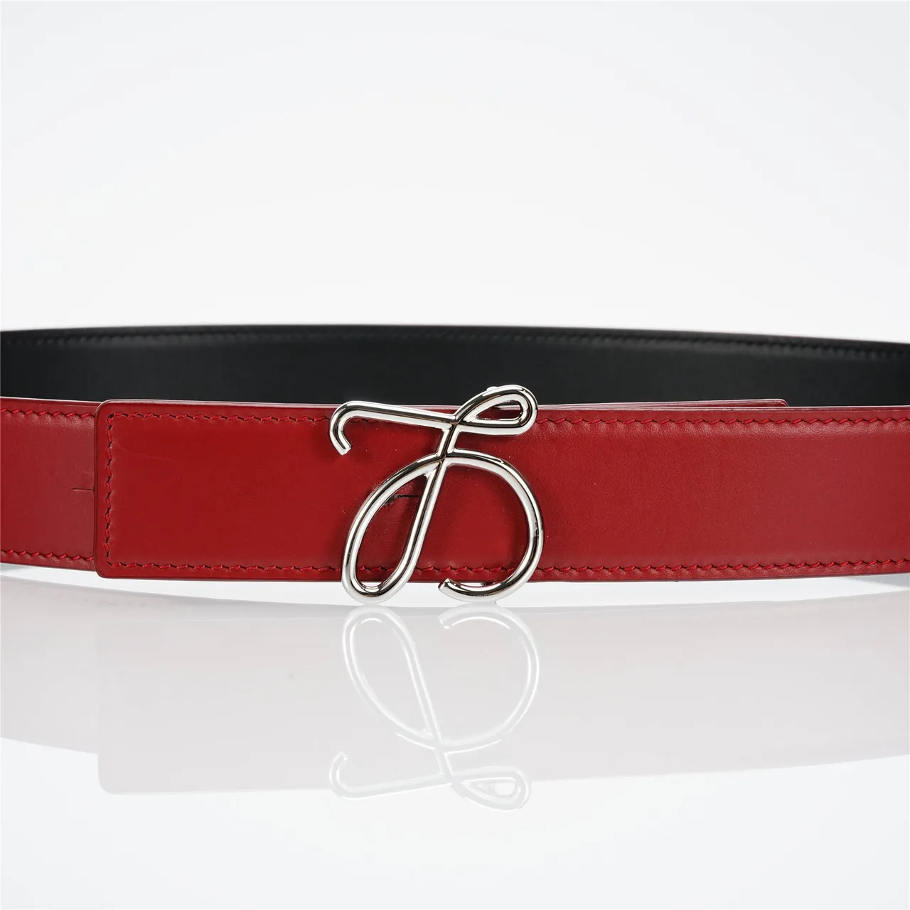 Red Black Smooth Stitching Leather Belt 8
