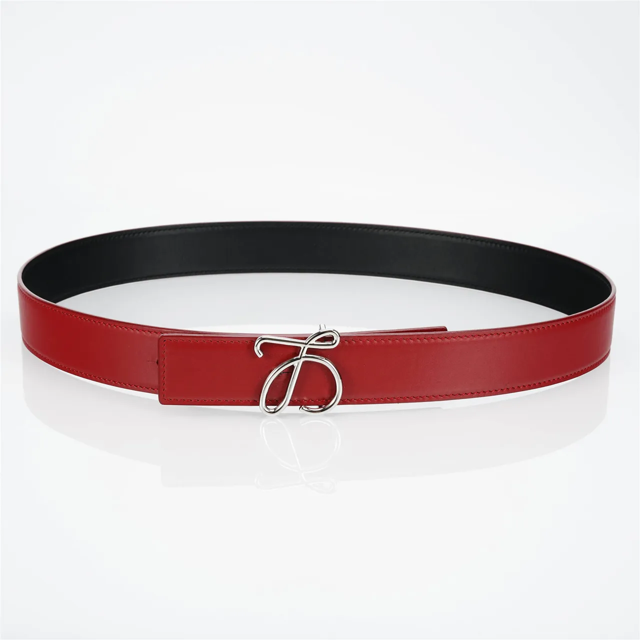 Red Black Smooth Stitching Leather Belt 9