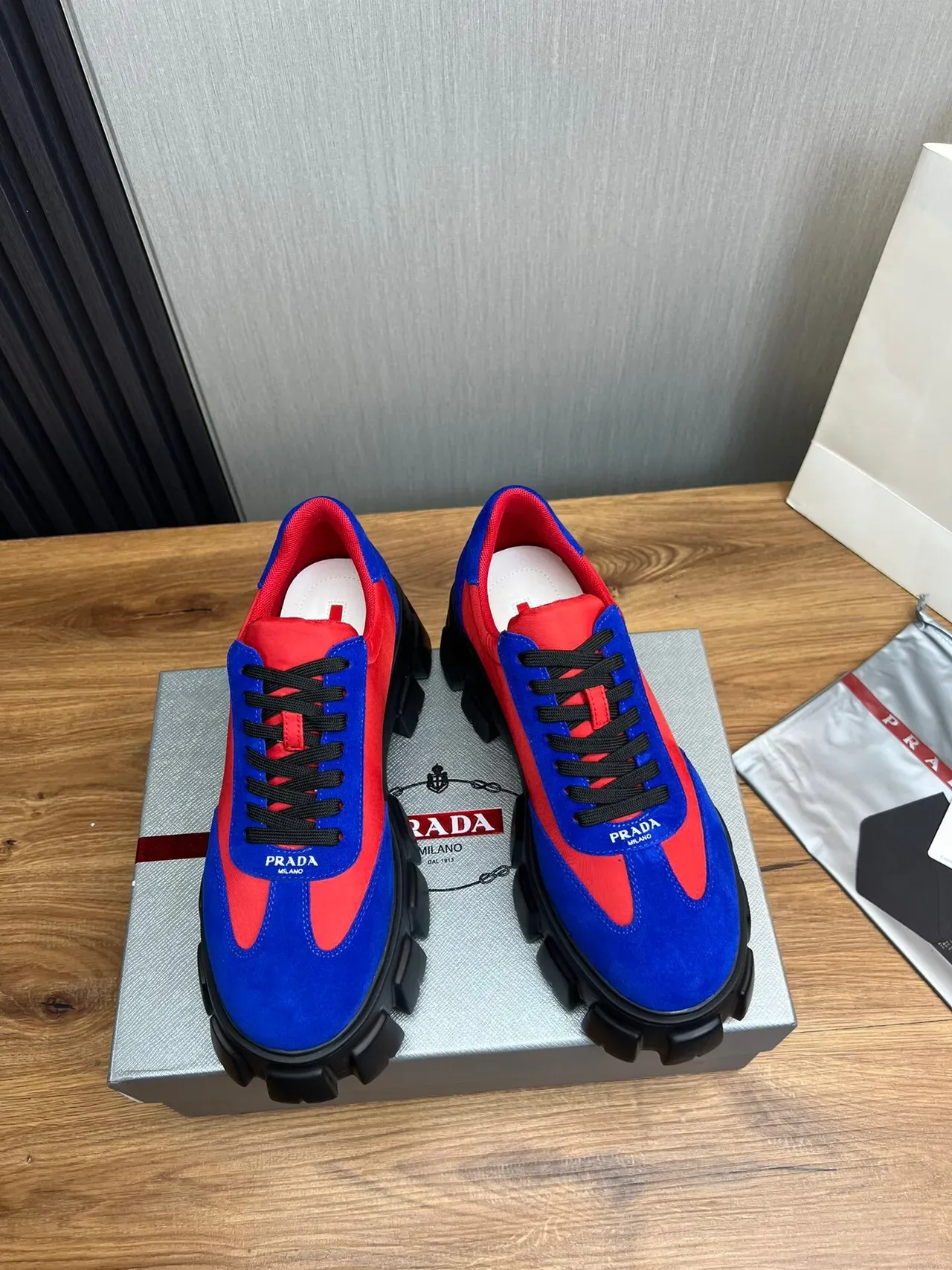 Red Blue Color-Blocked Suede-and-Textile Upper Sneakers 2