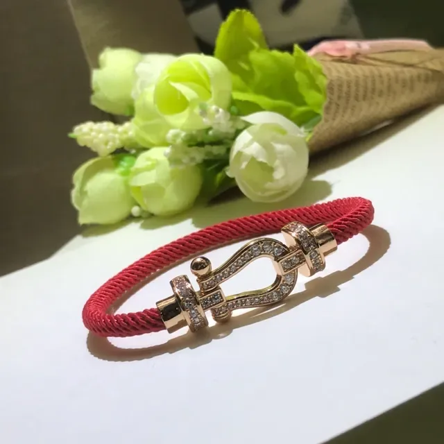 Red Braided Cord Crystal-Embellished Shackle Clasp Bracelets 3