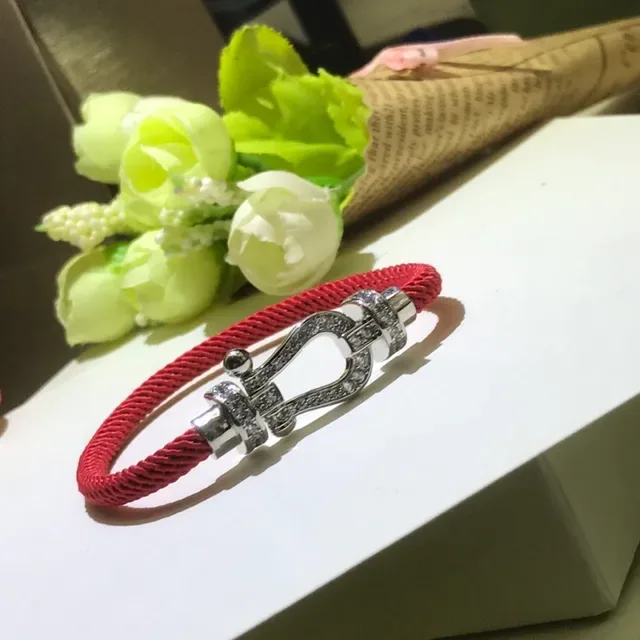 Red Braided Cord Crystal-Embellished Shackle Clasp Bracelets 4