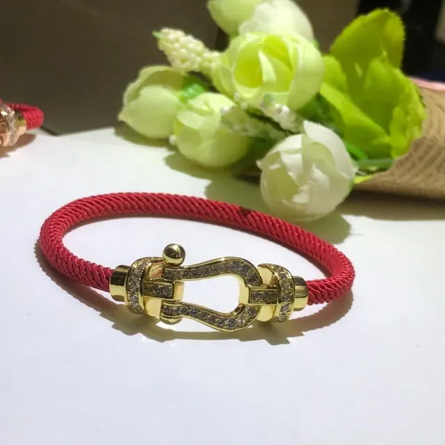 Red Braided Cord Crystal-Embellished Shackle Clasp Bracelets 5