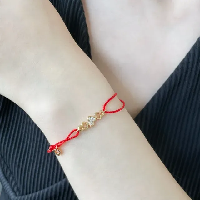 Red Gold Braided Cord Heart Charms Bracelet 6