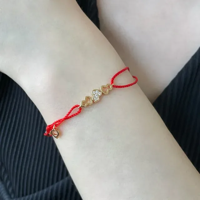 Red Gold Braided Cord Heart Charms Bracelet 7