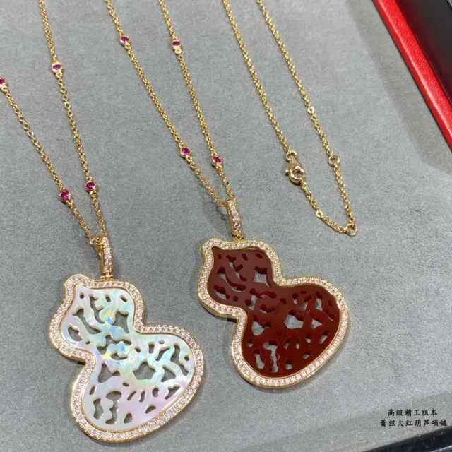 Red Gold Gourd-Shaped Filigree-Carved Stone Necklace 6