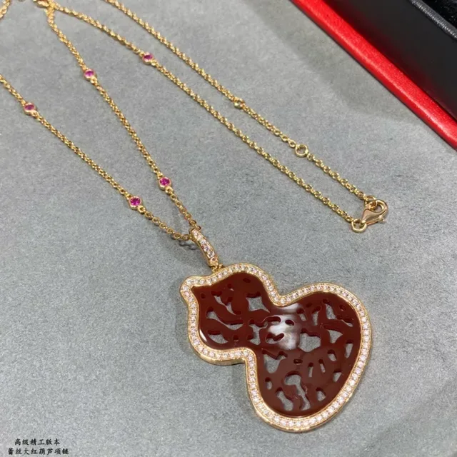Red Gold Gourd-Shaped Filigree-Carved Stone Necklace 8