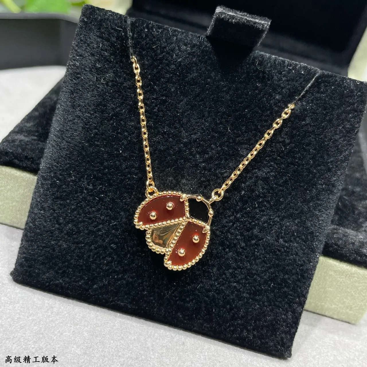 Red Gold Ladybug Motif Enamel Inlay Necklace 3