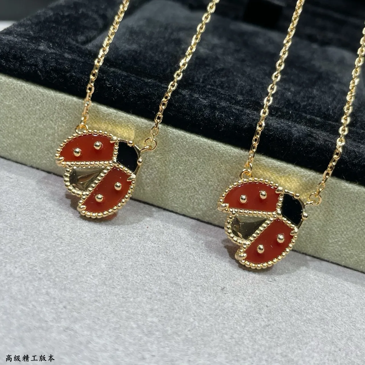 Red Gold Ladybug Motif Enamel Inlay Necklace 5