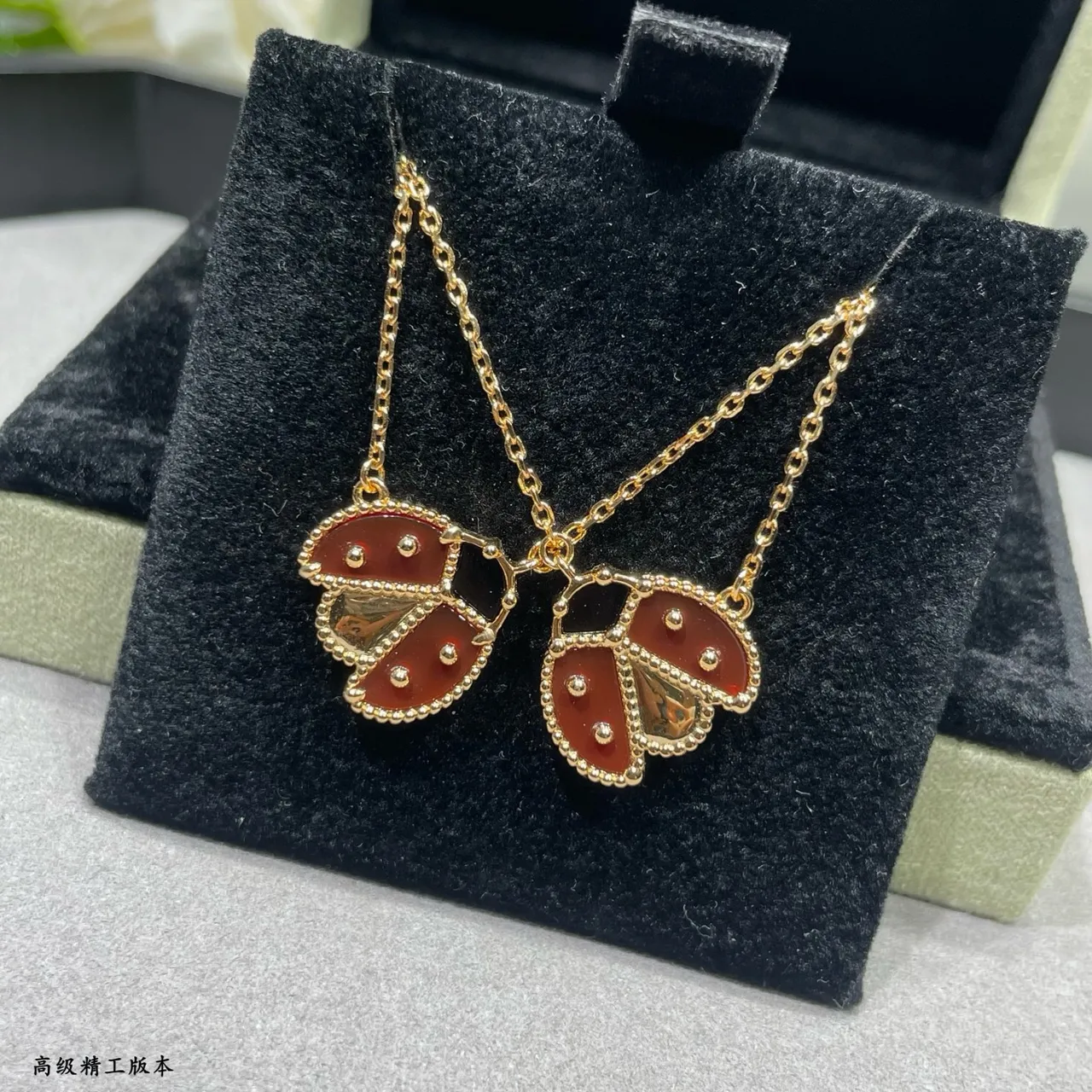 Red Gold Ladybug Motif Enamel Inlay Necklace 6