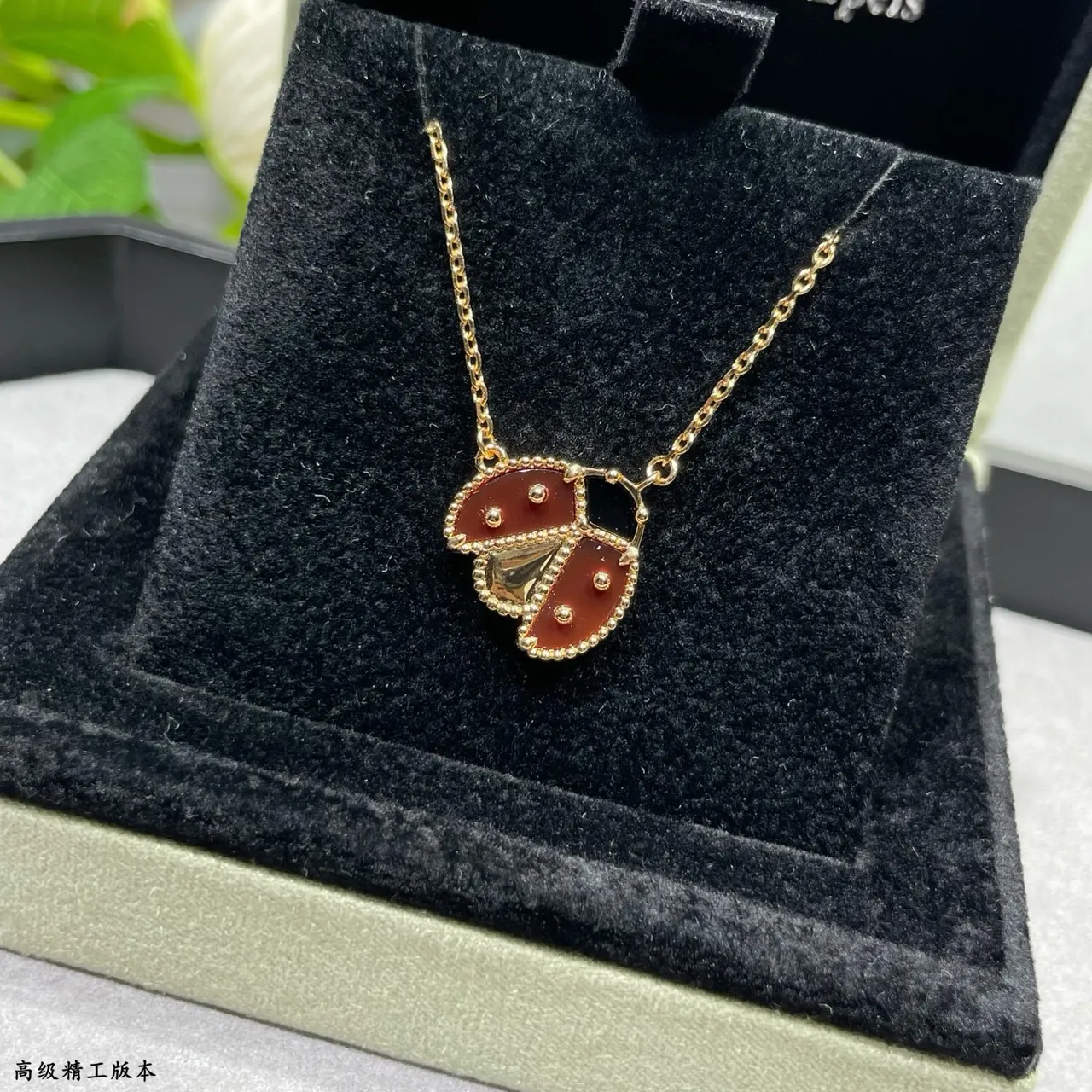 Red Gold Ladybug Motif Enamel Inlay Necklace 9