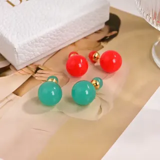 Red Green Double-Ball Glossy Resin Earrings