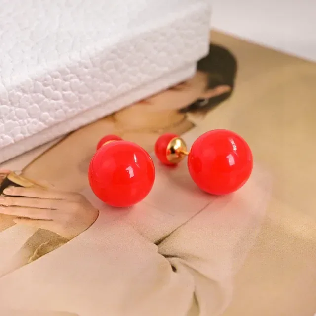 Red Green Double-Ball Glossy Resin Earrings 2