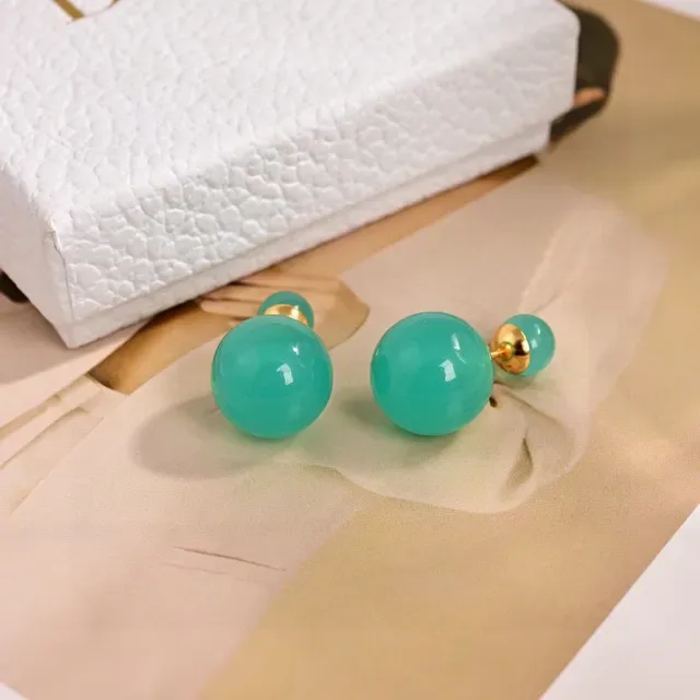 Red Green Double-Ball Glossy Resin Earrings 3