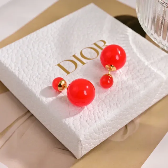 Red Green Double-Ball Glossy Resin Earrings 4