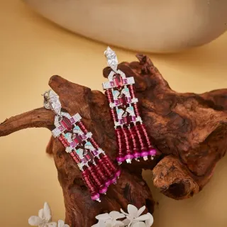 Red Pink Geometric Gemstone Mosaic Multi-Tiered Beaded Fringe Earrings