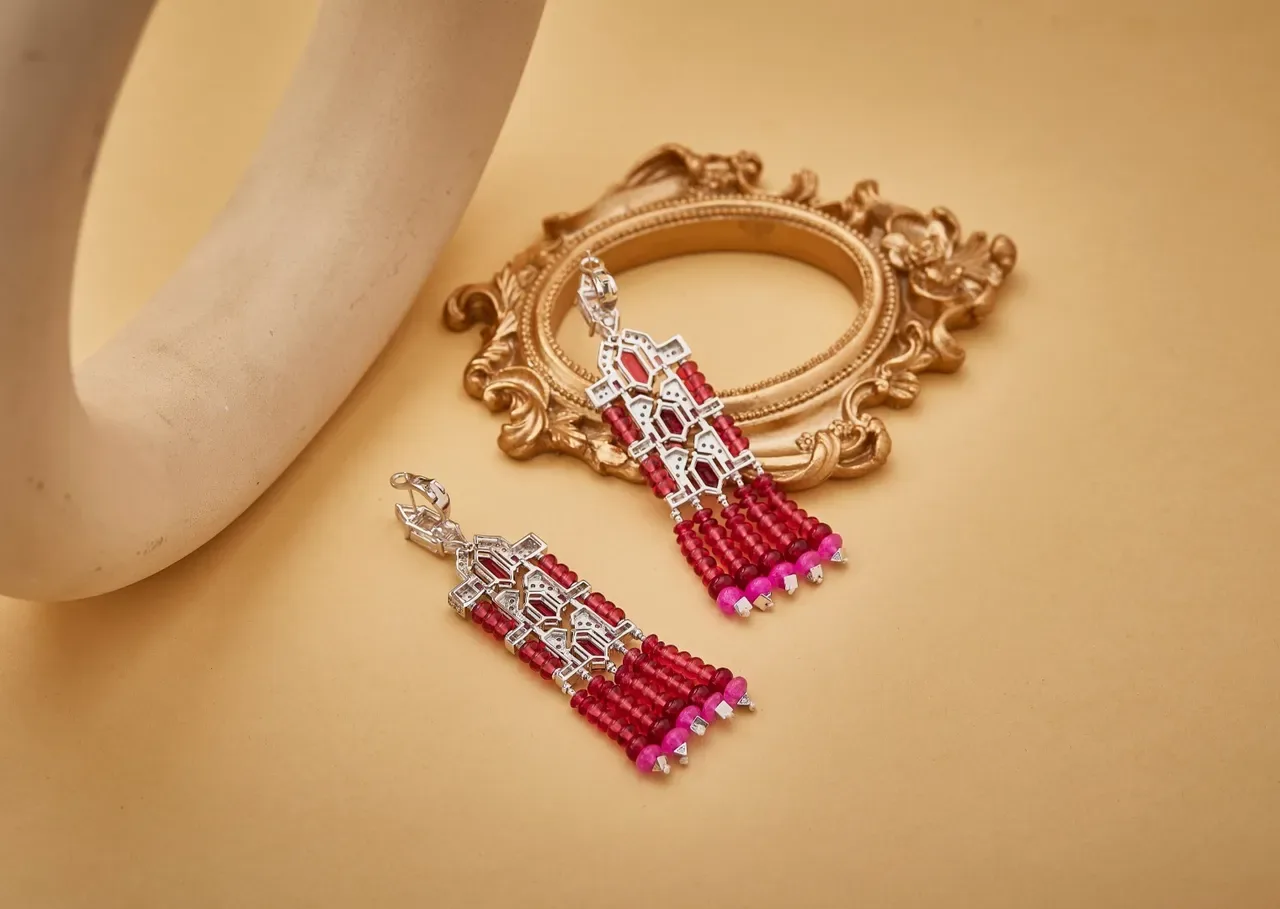 Red Pink Geometric Gemstone Mosaic Multi-Tiered Beaded Fringe Earrings 2