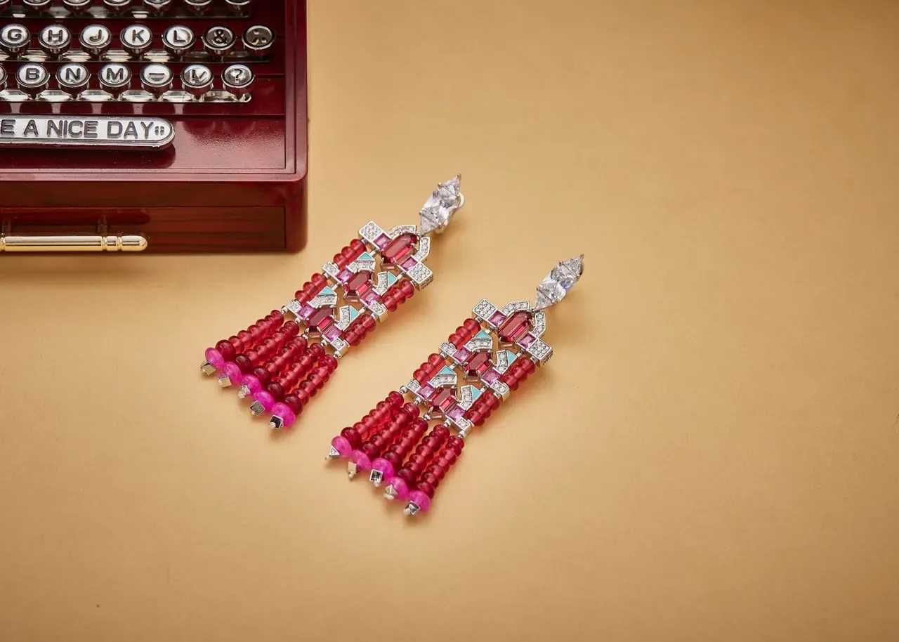 Red Pink Geometric Gemstone Mosaic Multi-Tiered Beaded Fringe Earrings 3