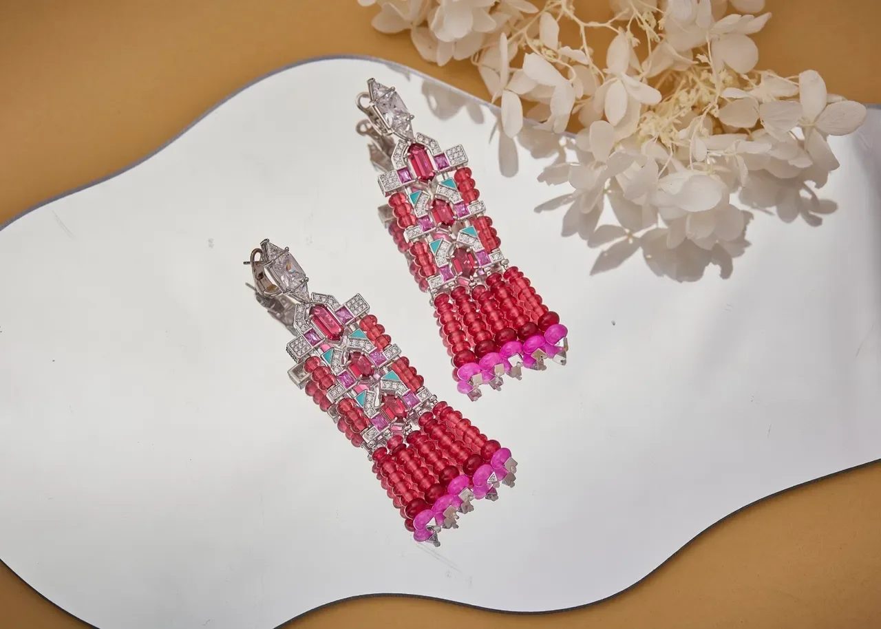 Red Pink Geometric Gemstone Mosaic Multi-Tiered Beaded Fringe Earrings 5