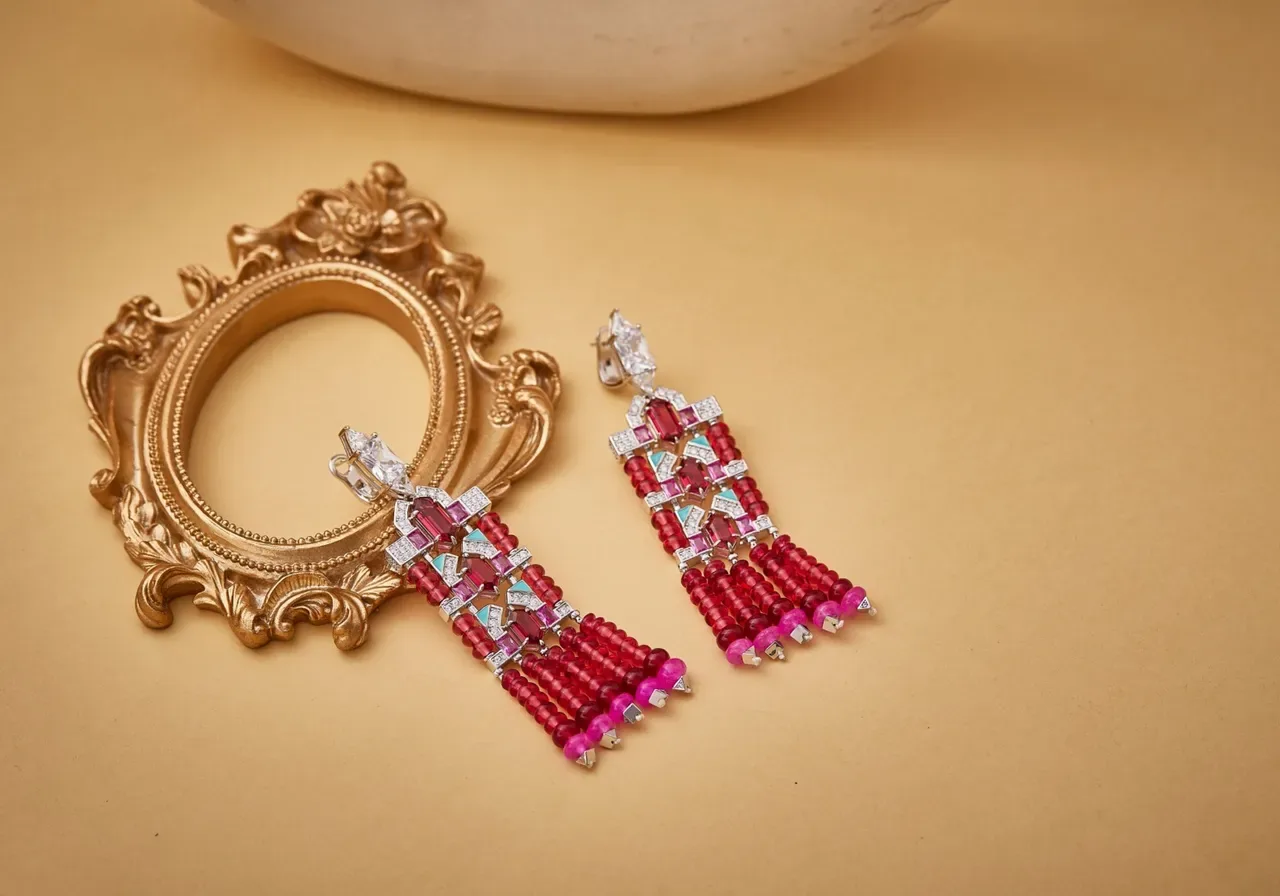 Red Pink Geometric Gemstone Mosaic Multi-Tiered Beaded Fringe Earrings 6