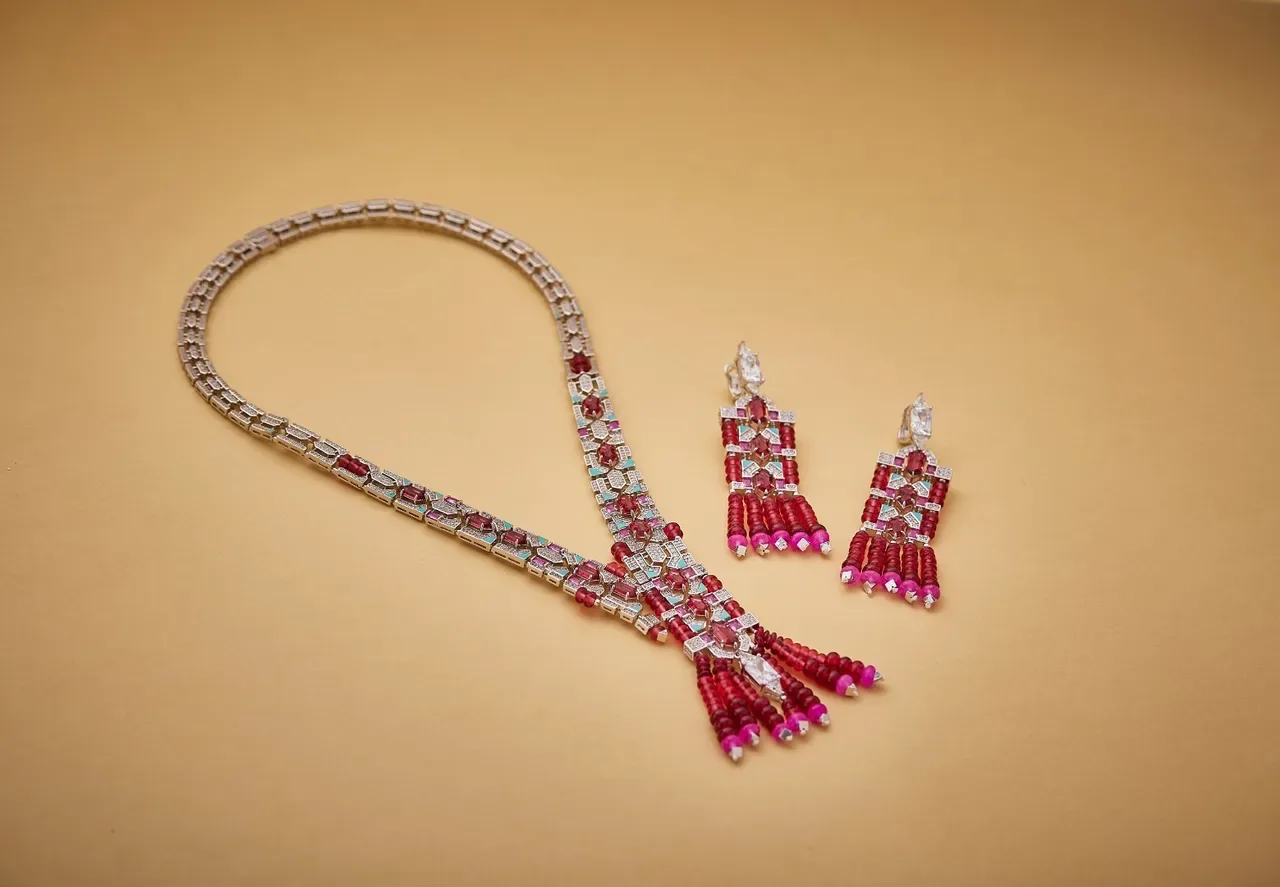 Red Pink Geometric Gemstone Mosaic Multi-Tiered Beaded Fringe Earrings 7