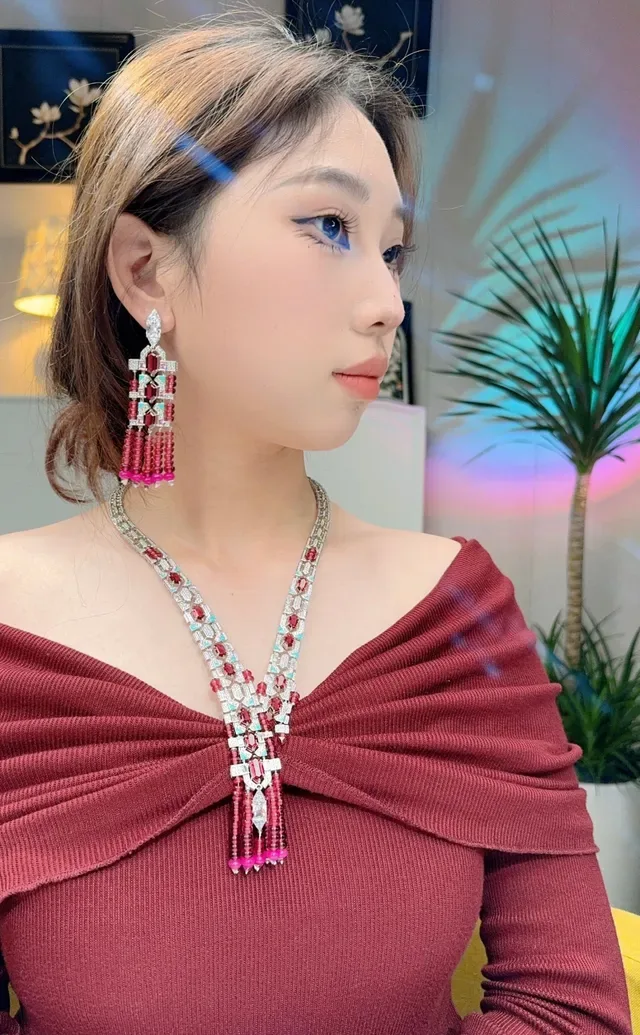 Red Pink Geometric Gemstone Mosaic Multi-Tiered Beaded Fringe Earrings 8