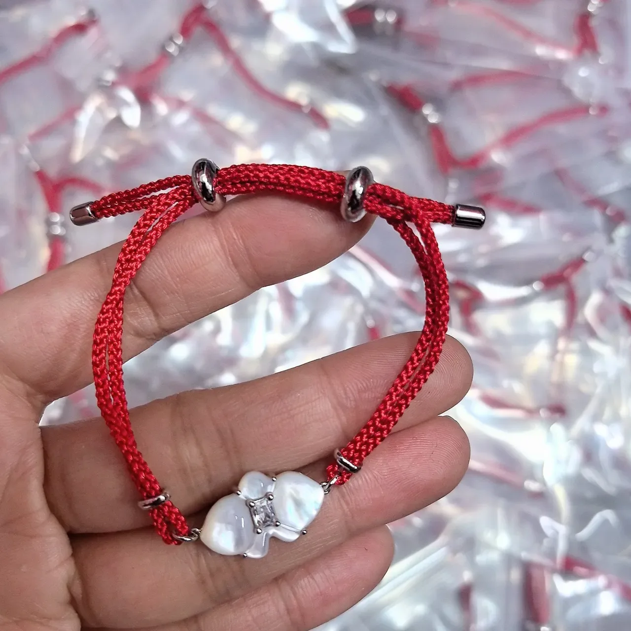 Red Silver Braided Cord Pearl Flower Motif Bracelet 5