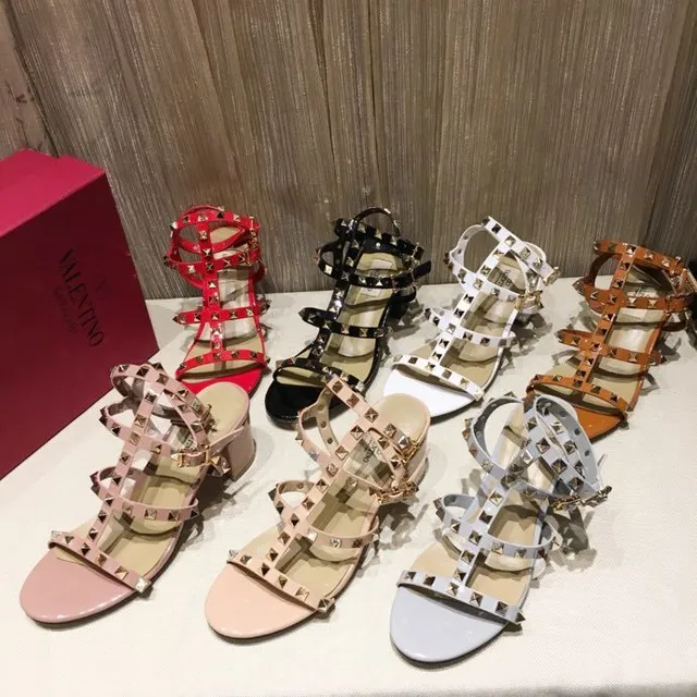 Red Studded Block Heel Gladiator Sandals 7