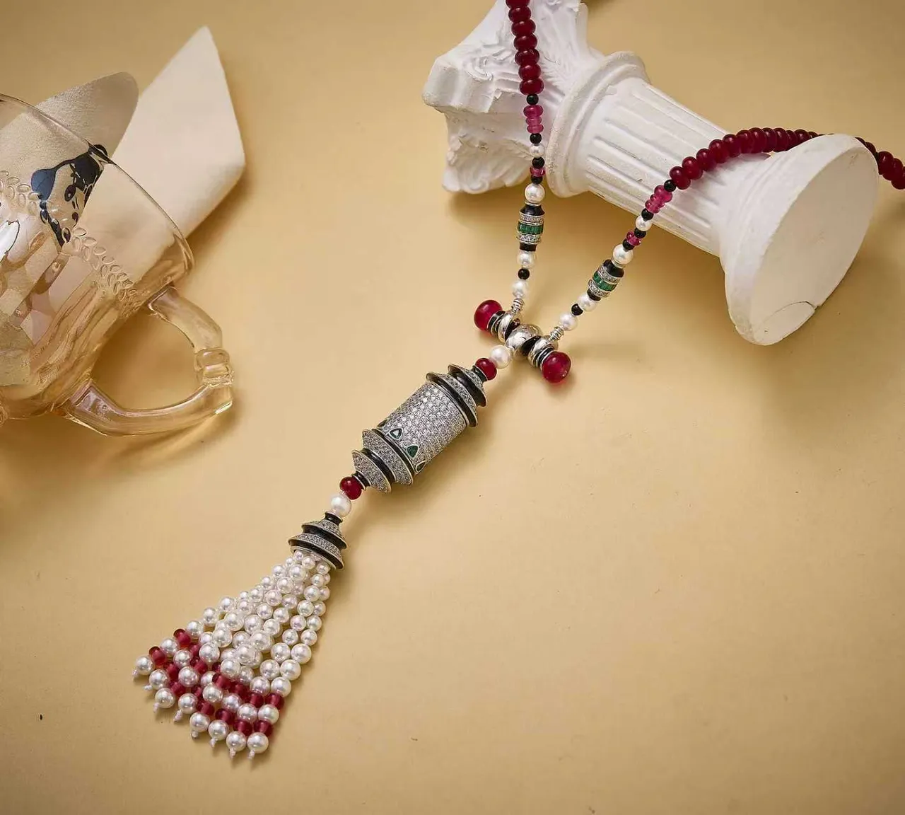Red White Beaded Tassel Pendant Necklace 5