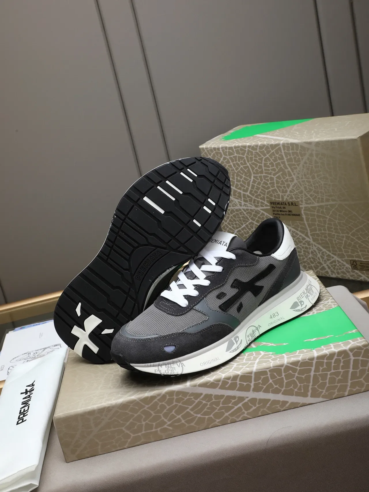 Rien Gray Black Layered Mesh And Suede Upper Bold Side 'X' Logo Sneakers 4