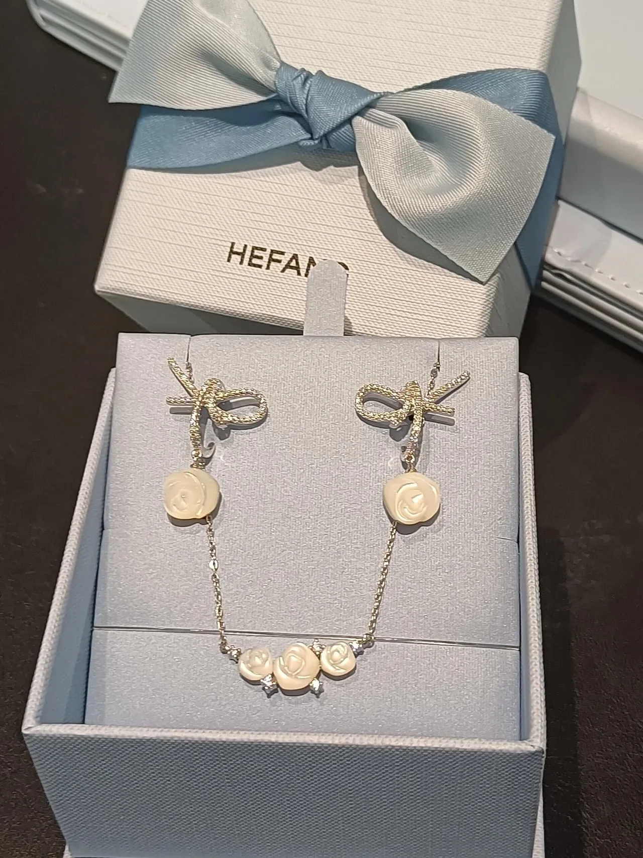 Rose and Crystal Bow Drop Earrings 2